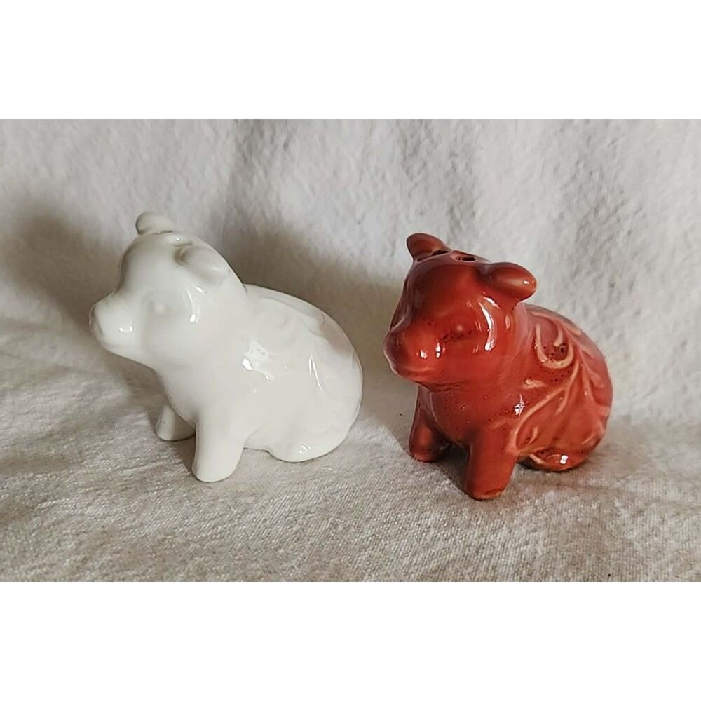 Vintage Red & White Ceramic Pig Piglet Salt and Pepper Shakers Set